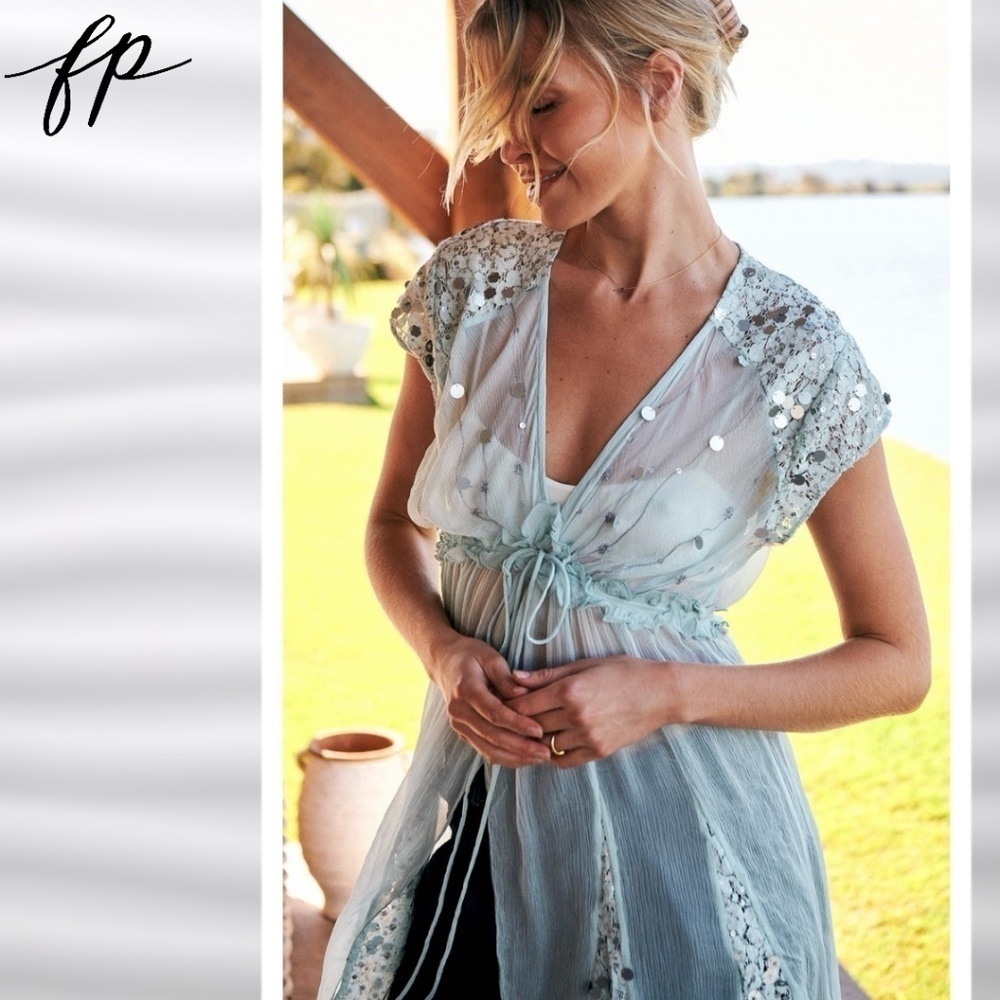 FREE PEOPLE Make a Splash Sheer Sequin-Embellished Tie Front Long Cover-Up/Dress - Picture 4 of 16